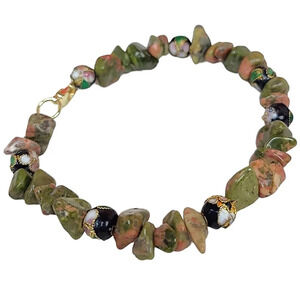 14K Gold Unakite Handpainted Cloisonne Bracelet